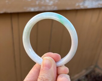 BW013-L Certified Untreated Grade A Jade Bracelet｜Burmese Jadeite Bangle 缅甸翡翠A货手镯｜Round 51.8mm White and Green 白底青