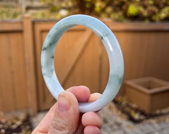 YS095-L 57.5m Certified Untreated Grade A Jade Bracelet｜Burmese Jadeite Bangle 缅甸翡翠A货手镯｜Round Milky White and Green 牛奶底半山飘花