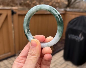 BW030-L Certified Untreated Grade A Jade Bracelet｜Burmese Jadeite Bangle 缅甸翡翠A货手镯｜Round 52.8mm White and Green Floral Pattern 飘花｜Clearance!