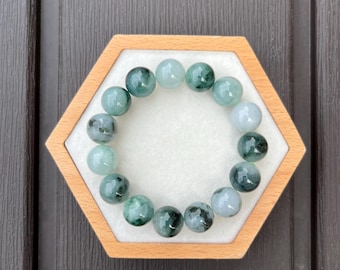 BW0B08 11.5mm × 15 Certified Untreated Grade A Jade Bracelet｜Burmese Jadeite Beads Bracelet 缅甸翡翠A货手串｜Green with Floral Pattern 绿飘花