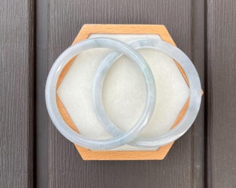 BW009-SRD 56.7mm Certified Untreated Grade A Jade Bracelet｜Burmese Jadeite Bangle 缅甸翡翠A货手镯｜A Pair of Slim DingDang White and Gray 水墨乌鸡叮当对镯