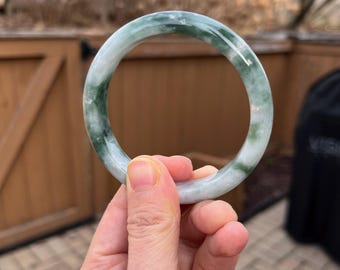 BW029-L Certified Untreated Grade A Jade Bracelet｜Burmese Jadeite Bangle 缅甸翡翠A货手镯｜Round 57.6mm White and Green Floral Pattern 飘花｜Clearance!