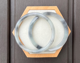 YS093-SRD 55.6-56mm Certified Untreated Grade A Jade Bracelet｜Burmese Jadeite Bangle 缅甸翡翠A货手镯｜A Pair of Slim DingDang Black 冰水墨山水乌鸡叮当对镯