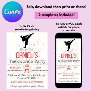 Taekwondo party boy invites, digital downloads, canva party invites, custom taekwondo party invitations, downloadable party invitations, digital party invitations, phone party invitations, karate, martial arts, taekwondo for boys.