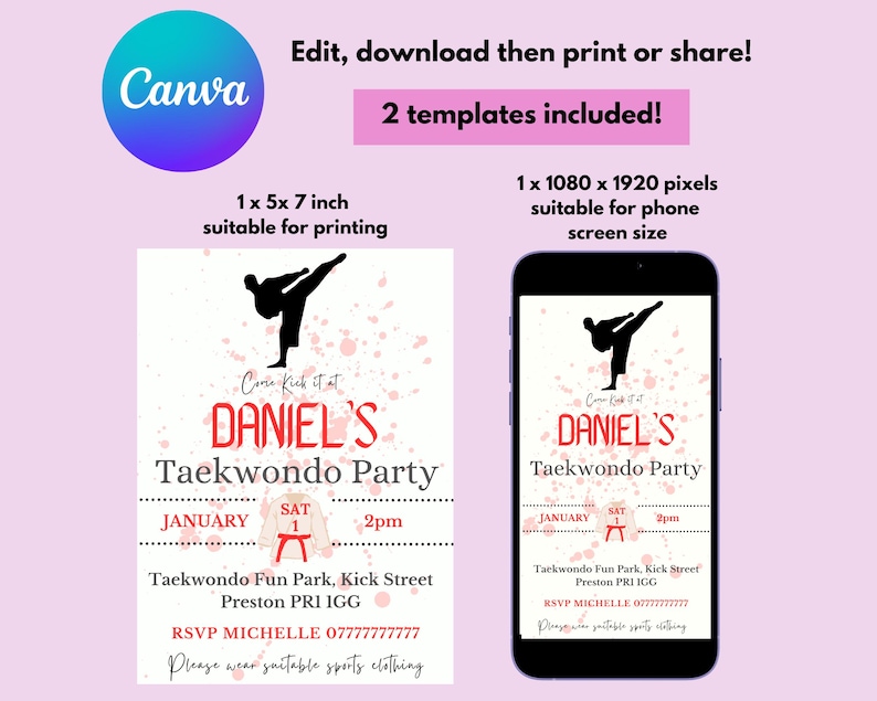 Taekwondo party boy invites, digital downloads, canva party invites, custom taekwondo party invitations, downloadable party invitations, digital party invitations, phone party invitations, karate, martial arts, taekwondo for boys.
