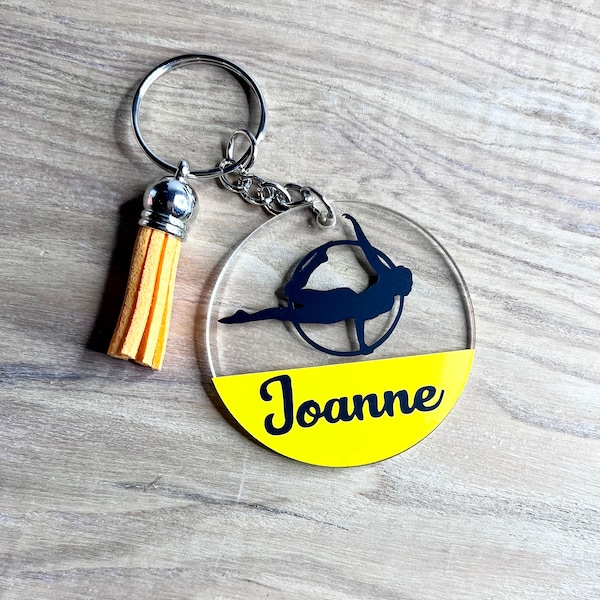 Personalised aerial hoop gymnastics keyring. Aerial hoop gifts for girls.