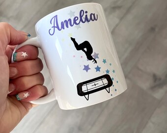 Personalised Trampolining Mug, trampoline gymnast mug gift. Gifts for girls who are trampoline gymnasts.