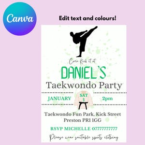Taekwondo party boy invites, digital downloads, canva party invites, custom taekwondo party invitations, downloadable party invitations, digital party invitations, phone party invitations, karate, martial arts, taekwondo for boys.