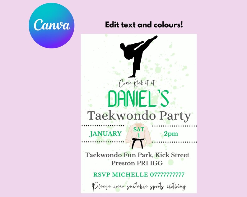 Taekwondo party boy invites, digital downloads, canva party invites, custom taekwondo party invitations, downloadable party invitations, digital party invitations, phone party invitations, karate, martial arts, taekwondo for boys.