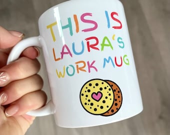Personalised Work Mug, office work mug gift with biscuit image and name. Tea / Coffee mug for work.