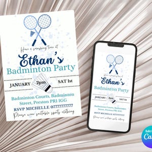 Badminton Party Invites - Digital Download. Fully editable using Canva. Badminton Party invites for a badminton sports themed party.
