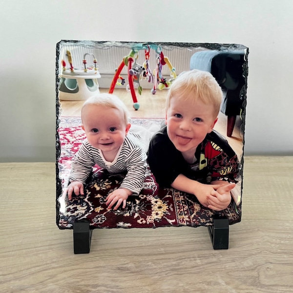 Photo Slate, Square personalised rock photo slate. Add your photo to a photo slate - with presentation stands.