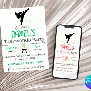 Taekwondo party boy invites, digital downloads, canva party invites, custom taekwondo party invitations, downloadable party invitations, digital party invitations, phone party invitations, karate, martial arts, taekwondo for boys.
