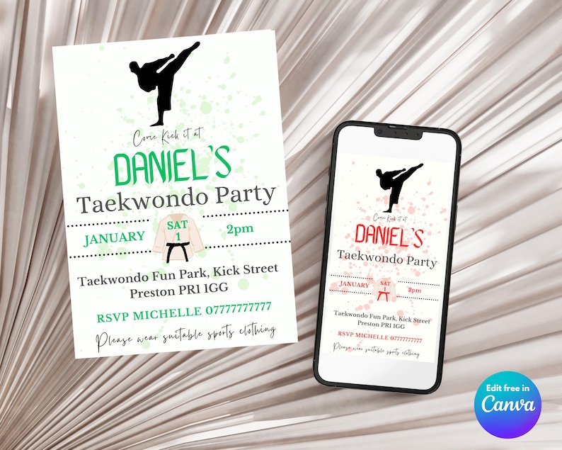 Taekwondo party boy invites, digital downloads, canva party invites, custom taekwondo party invitations, downloadable party invitations, digital party invitations, phone party invitations, karate, martial arts, taekwondo for boys.