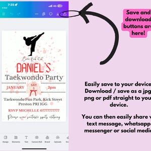 Taekwondo party boy invites, digital downloads, canva party invites, custom taekwondo party invitations, downloadable party invitations, digital party invitations, phone party invitations, karate, martial arts, taekwondo for boys.