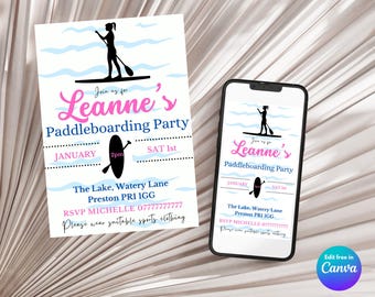 Paddleboarding Birthday Party Invites - Digital Download. Fully editable using Canva. Party invites for a paddleboarding party.