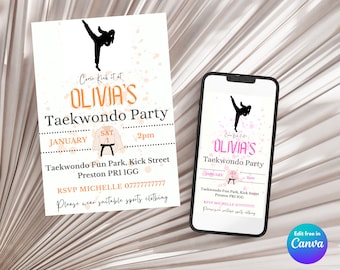 Taekwondo Girl Party Invites - Digital Download. Fully editable using Canva. Party invites for a girls taekwondo party.