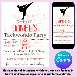 Taekwondo party boy invites, digital downloads, canva party invites, custom taekwondo party invitations, downloadable party invitations, digital party invitations, phone party invitations, karate, martial arts, taekwondo for boys.