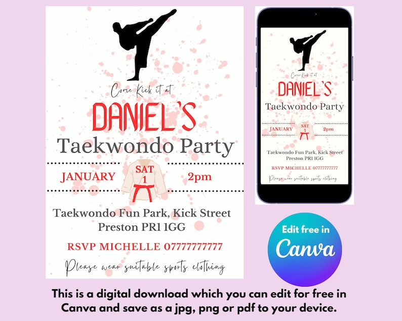 Taekwondo party boy invites, digital downloads, canva party invites, custom taekwondo party invitations, downloadable party invitations, digital party invitations, phone party invitations, karate, martial arts, taekwondo for boys.