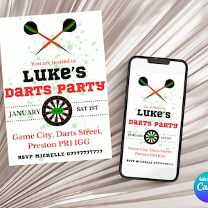 Darts Party Invites - Digital Download. Fully editable using Canva. Darts Birthday Party invites for darts players.