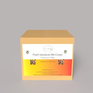 May include: A tan box of "Pixie! Jamaican Me Crazy!" premium coffee. The box has a white label with text and two images of a dog. The label also includes the website address and net weight of the coffee.
