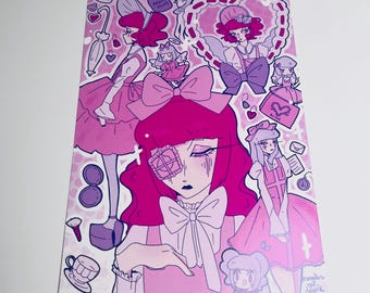 May include: A pink art print featuring multiple illustrations of figures in pink dresses and bows. The artwork has a gothic lolita aesthetic, with a central figure wearing an eye patch and a large bow. Other elements include hearts, teacups, and an umbrella.