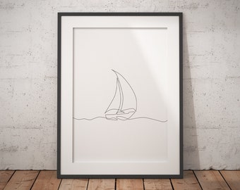 Arte della barca a vela / Stampa navale / Arte della parete dell'asilo nido / Arte della barca / Pittura della barca a vela / Illustrazione della barca a vela / Arte della linea singola / Linea continua