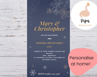 Save the Date, Winter Wedding Invitation, Navy, Blue, Silver, Gold Invite, Digital Template, Flower, Snowflake, Electronic Christmas Invite