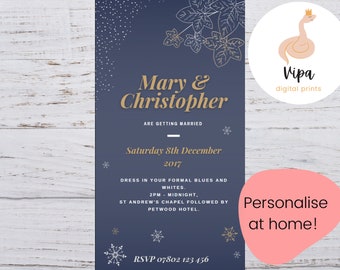 Guarde la fecha, invitación de boda de invierno, azul marino, azul, plata, invitación dorada, plantilla digital, flor, copo de nieve, invitación electrónica de Navidad