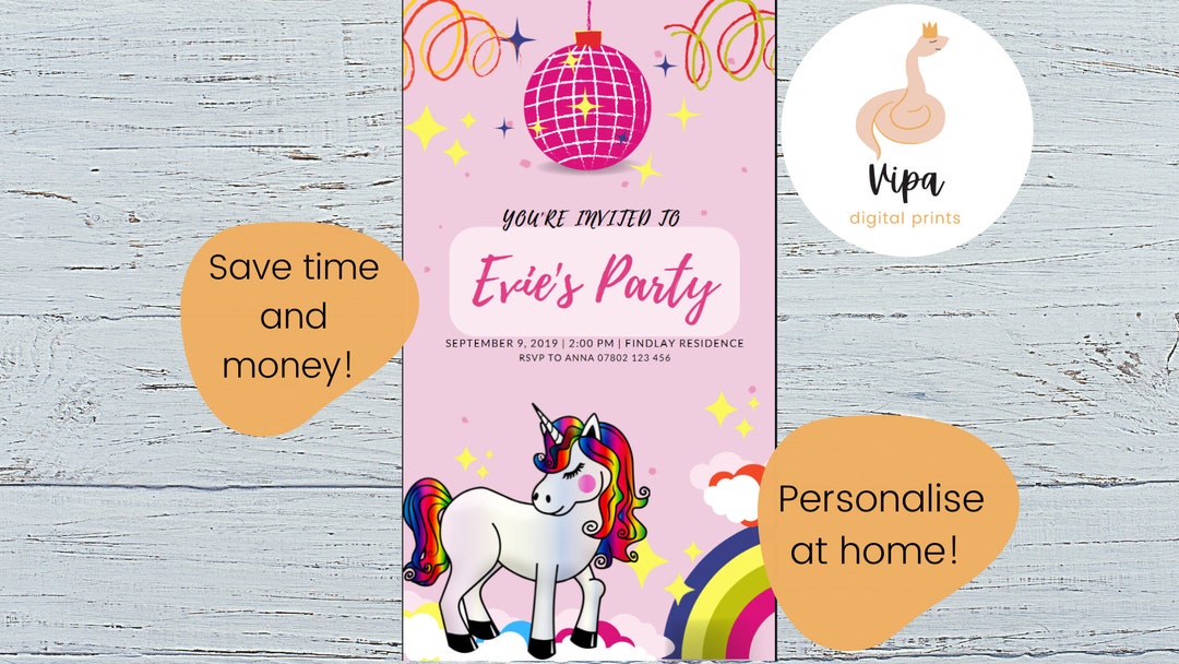 Digital Rainbow Unicorn Birthday Invitation, Kids Electronic Invitation ...
