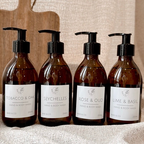 Luxury Hand & Body Wash | Vegan Skincare | Cruelty Free Skincare | Glass Pump Bottle | Refillable | Amber Glass Bottle | Eco Friendly