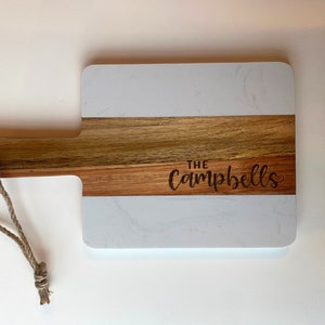 Custom Cheese Board, Mother&#39;s Day Gift, Personalized Serving Tray, Marble and Wood Kitchen Decor