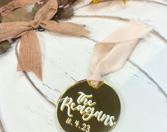 Gold Mirror Ornament, Personalized Ornament, Newlywed Ornament, Hand Lettered, Winter Wedding Gift