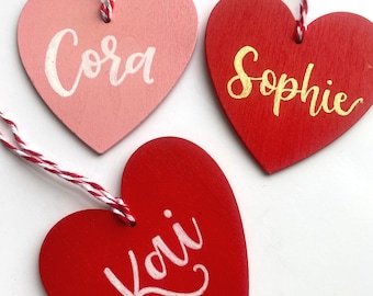 Valentine's Day Tags, Wooden Heart Name Tags, Wooden Name Labels, Valentine's Gift Basket Tag