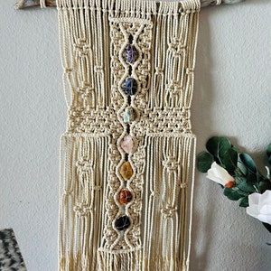 Cross Chakra Macrame Wall Hanging with Rough Stones