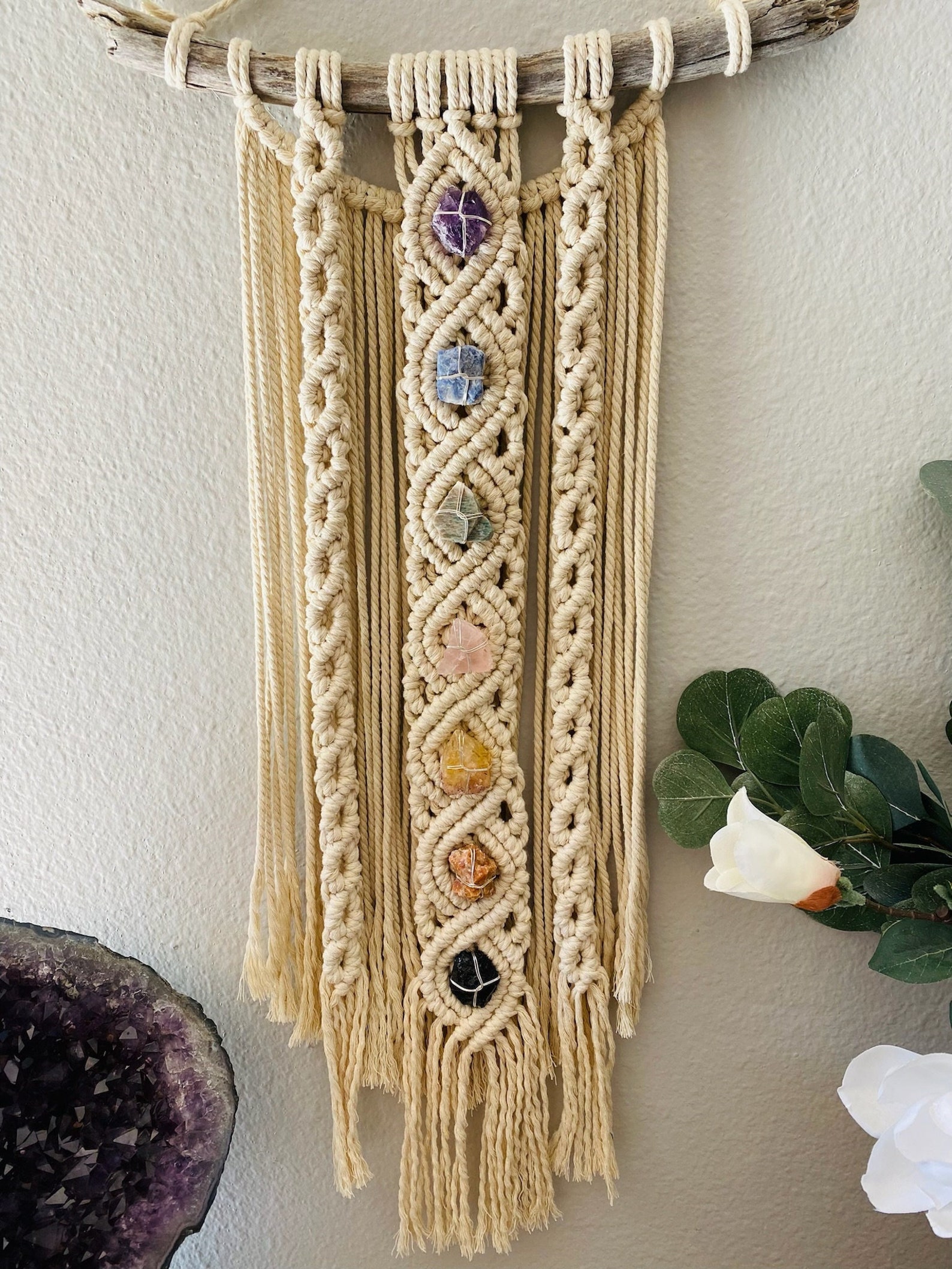 Chakra Macrame Wall Hanging With Rough Stones Etsy