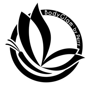 May include: Black and white logo with a butterfly design and the text "Body Glam. by Perry" in a circle.
