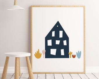 Cute Blue House | Scandinavian Art Print | Kids Room | Play Room | Nursery Decor | Digital Download | Wall Decor | Wall Art | Boho Nursery |