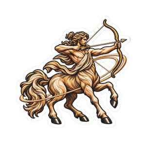 May include: A die-cut sticker featuring a golden-toned centaur with a muscular human torso and a horse body. The centaur is depicted in profile, drawing a bow and arrow, with flowing hair and a draped cloth. The illustration uses fine line work.
