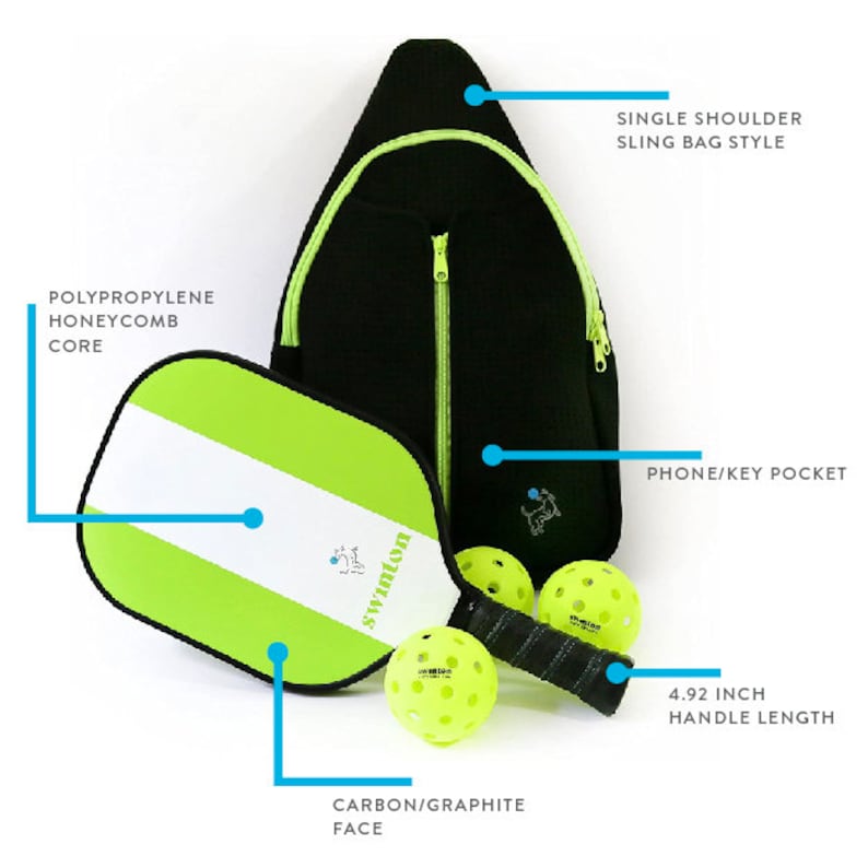 May include: A green and white paddleball racquet with a black handle, four yellow paddleballs, and a black single-shoulder sling bag with a green zipper and a phone/key pocket. The bag has the text "Swanton" on it. The paddleball racquet has the text "Swanton" on it. The paddleball racquet has a carbon/graphite face and a polypropylene honeycomb core. The handle is 4.92 inches long.