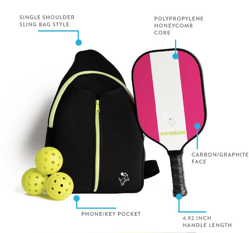 May include: A black sling bag with a neon green zipper and a small embroidered logo. The bag has a single shoulder strap and a phone/key pocket. A pink and white pickleball paddle with a black handle and the word "swinton" printed on it. Three yellow pickleballs are in the lower left corner of the image. The paddle has a 4.92 inch handle length.