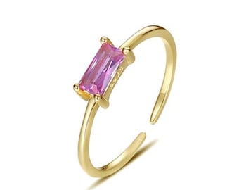 18K Vergoldeter Sterling Silber Zirkon Ring - Minimalistischer verstellbarer Ring - Zierlicher Edelstein Ring - Elegantes Geschenk für Sie - Rosa Zirkon Ring