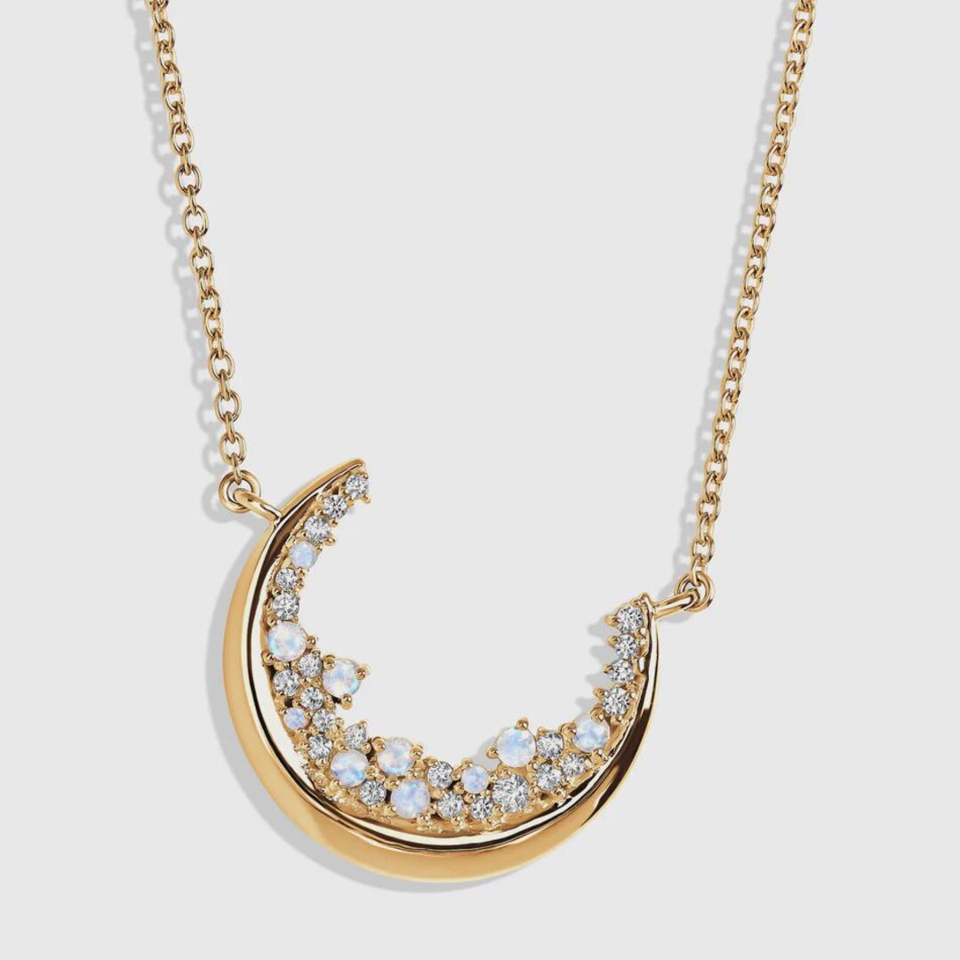 Sterling Silver Crescent Moon Necklace With Moonstone & Zircon | Boho ...
