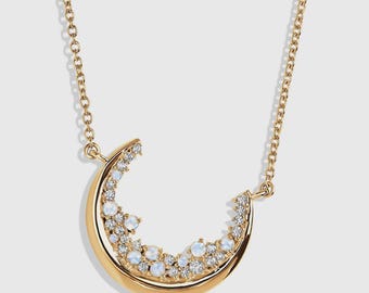 Collar de media luna de plata esterlina con piedra lunar y circón / Joyería lunar bohemia / Regalo hecho a mano para ella / Collar de luna mística