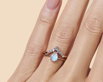 Juego de anillos de piedra lunar en oro rosa - Juego de anillos de compromiso con piedra lunar - Juego de anillos de piedra lunar en oro rosa - Juego de anillos llamativos con piedra lunar