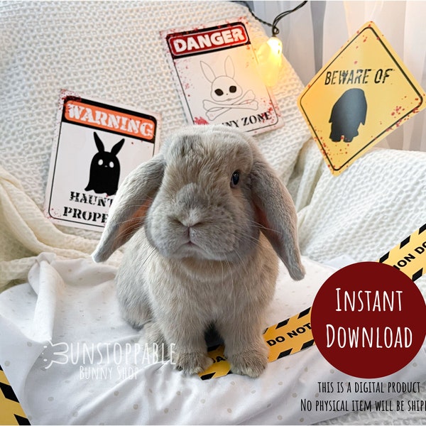 Printable Bunny Halloween Sign Bundle / Wall Decor / Warning, Beware of, & Danger Sign / Caution Tape