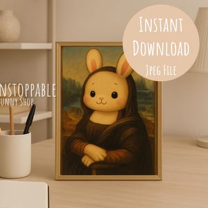 Bunny Mona Lisa Art Print – Funny Rabbit Wall Decor – Digital Download Animal Portrait