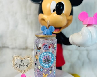Disney Starbucks Snow Globe Glass Can Cup, 16oz with Bamboo Lid