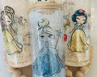 Princess Snow Globe Tumbler: 16oz Glass Can with Bamboo Lid