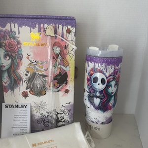 Glow in the Dark Jack & Sally Halloween cup. Stainless steel 40oz cup. with gift box